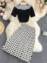 Women's Elegant Contrast Color Lace Short Sleeve Top And Polka Dot Print Skirt Set For Summer